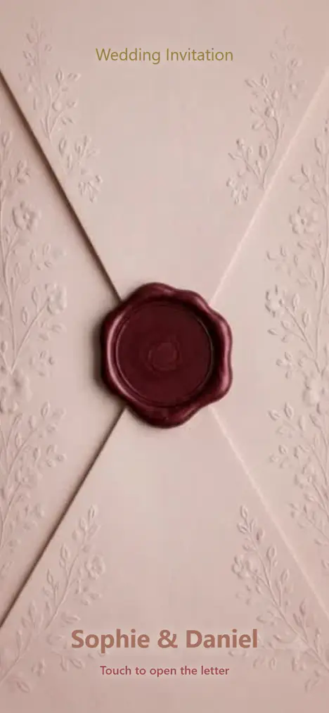 The Sealed Letter invitation as a guest sees it: Cinematic · Blush & Wax