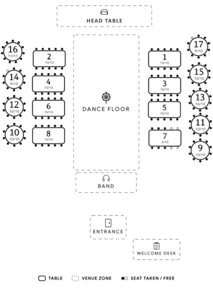 A printed seating chart for a forty-nine-table wedding: numbered round and long tables, each showing its seats taken, arranged either side of a central dance floor, with the head table, band, bars, entrance and welcome desk marked and a legend beneath.