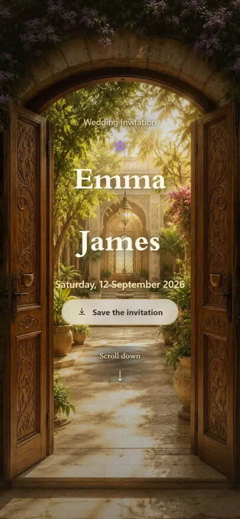 The Door of Joy invitation as a guest sees it: Cinematic · Wood & Lilac
